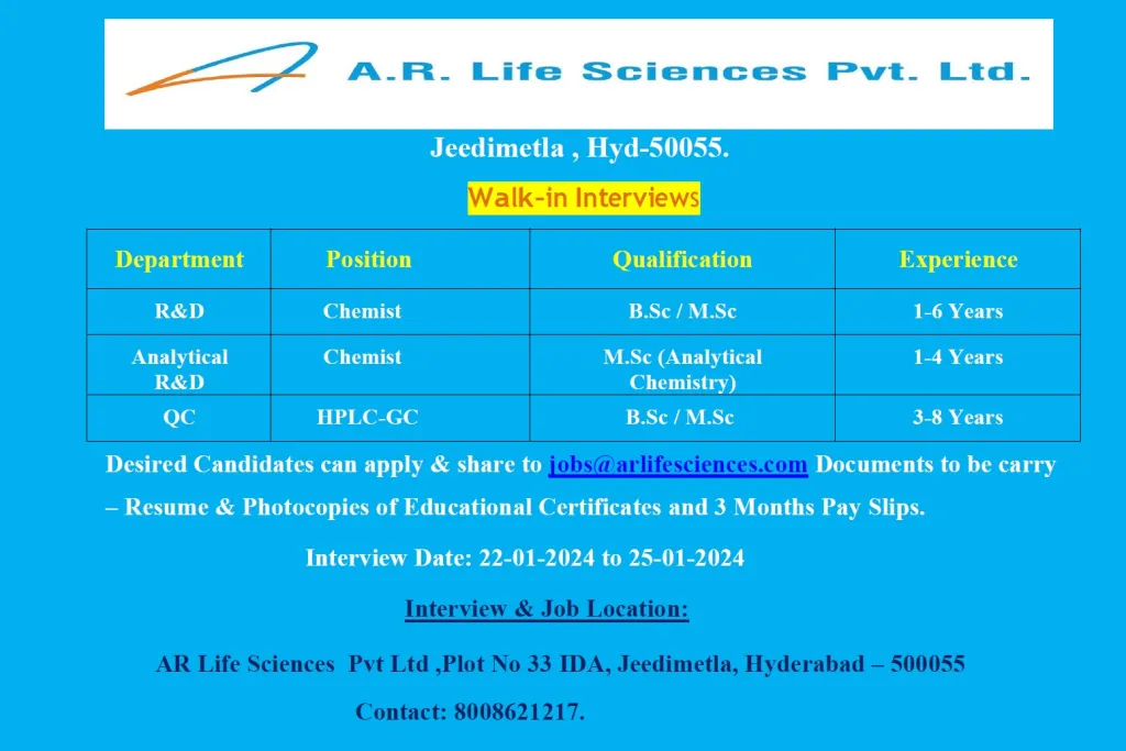 AR Life Sciences - Walk-In Interviews for QC, R&D, Analytical R&D on 23rd - 25th Jan 2024